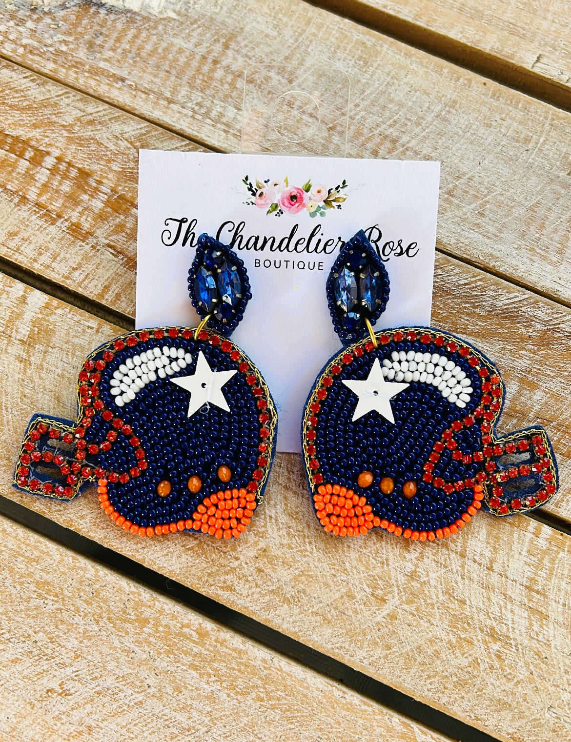 ORANGE, BLUE AND WHITE FOOTBALL BEADED STUD EARRINGS