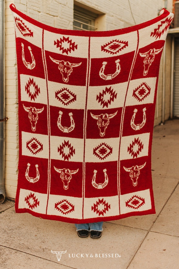 Red Cream Western Aztec Printed Knitted Polyester Microfiber Blanket (50in x 60in)