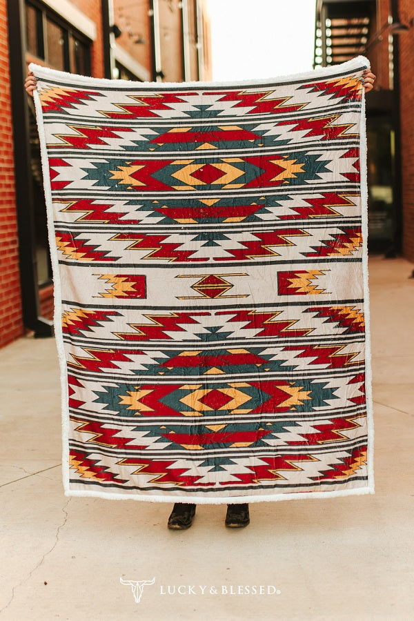 Southwestern Aztec Fleece Knitted Blanket W Fluffy Ivory Sherpa