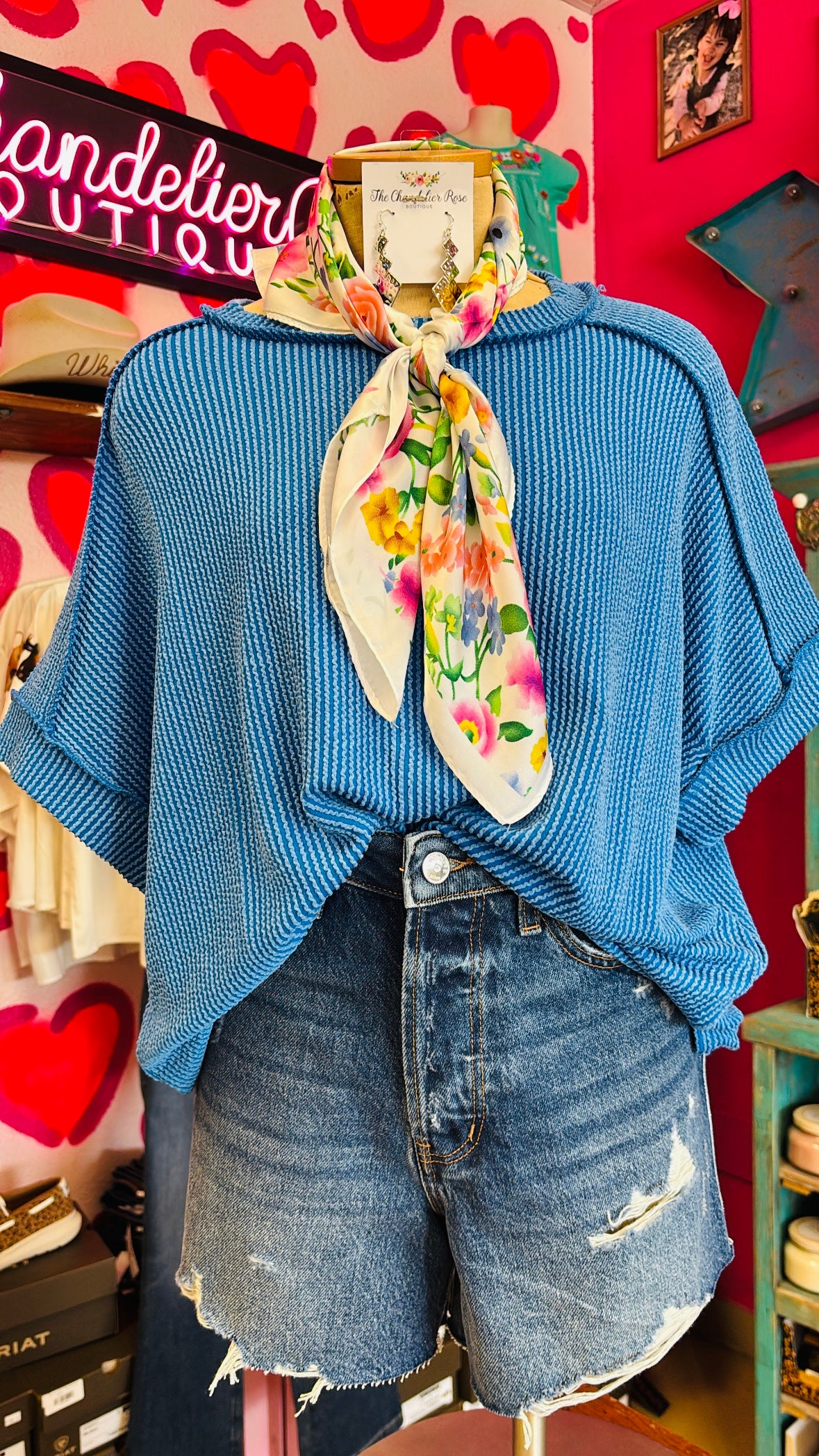 RAISED RIB CUFF SLEEVE RAW EDGE TOP - OCEAN BLUE
