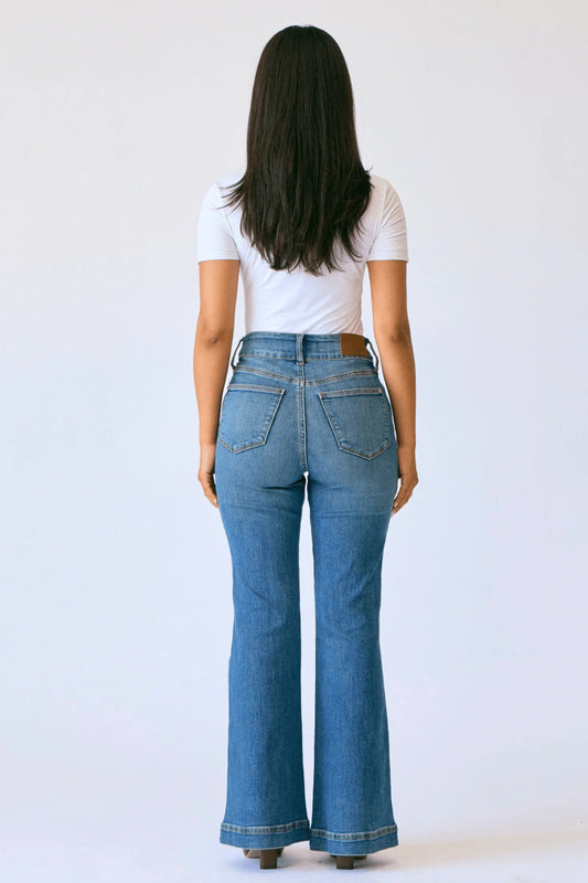 JUDY BLUE HIGH WAIST FLARE TUMMY CONTROL DOUBLE BUTTON WB JEANS - MEDIUM STONE