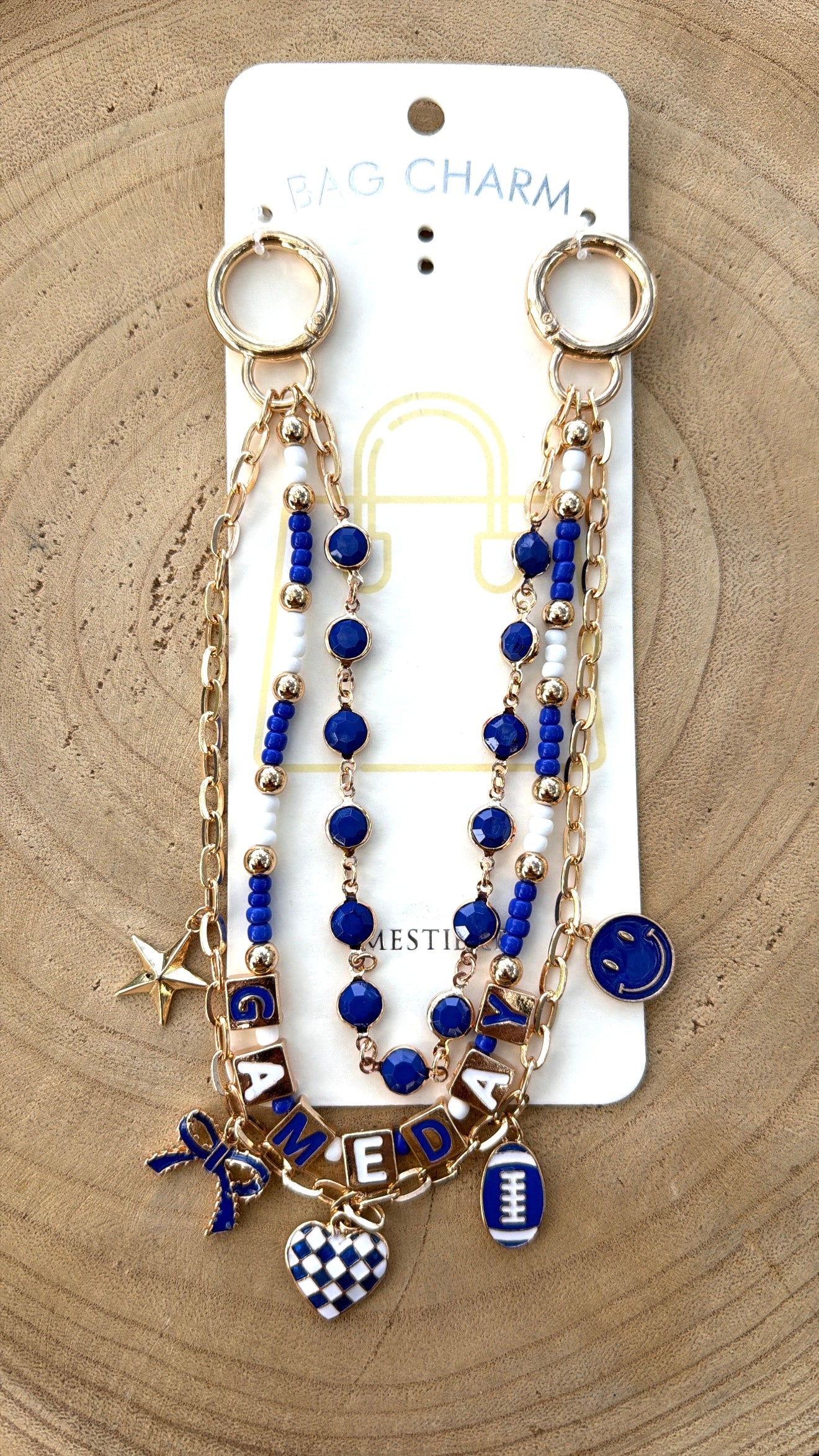 Triple Strand Game Day Bag Charm - Blue and White