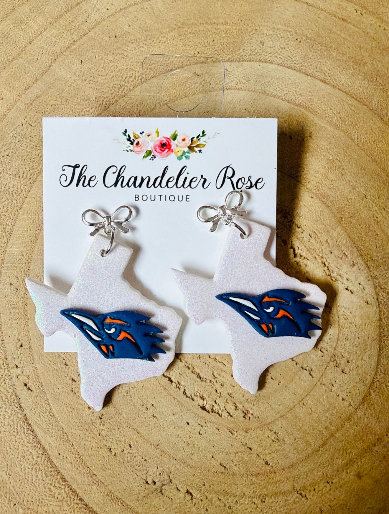 UTSA White Glitter Texas Earrings with Silver Bow
