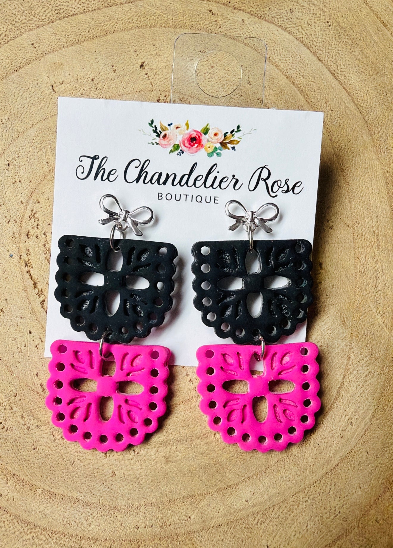 Pink & Black 2 Tier Papel Picado Earrings