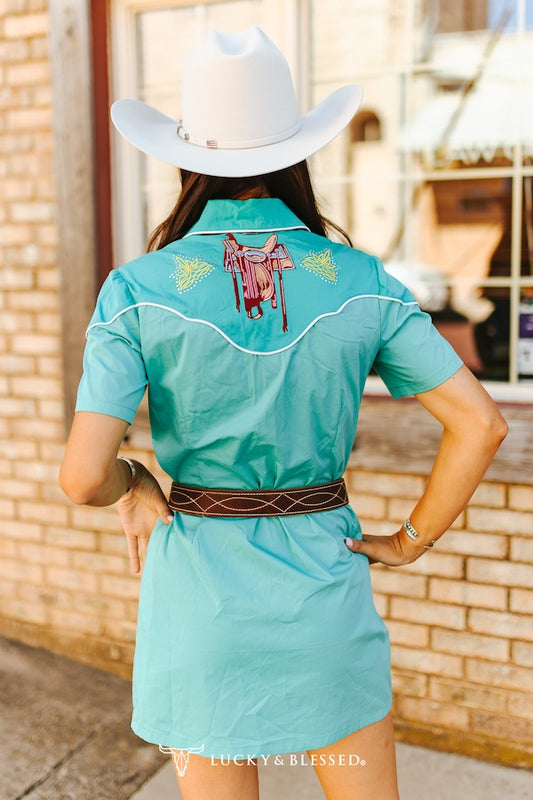JADE SHORT SLEEVE BUTTON DOWN WESTERN EMBROIDERED RHINESTONE STUDDED YOKE DRESS
