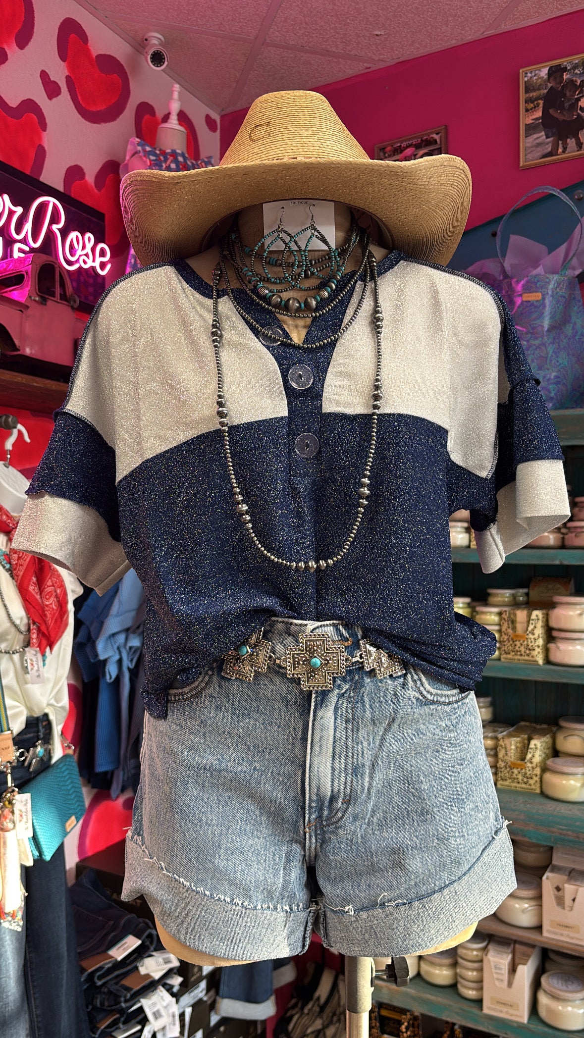 GAME DAY SHIMMERY TOP WITH ACCENT BUTTONS - NAVY BLUE