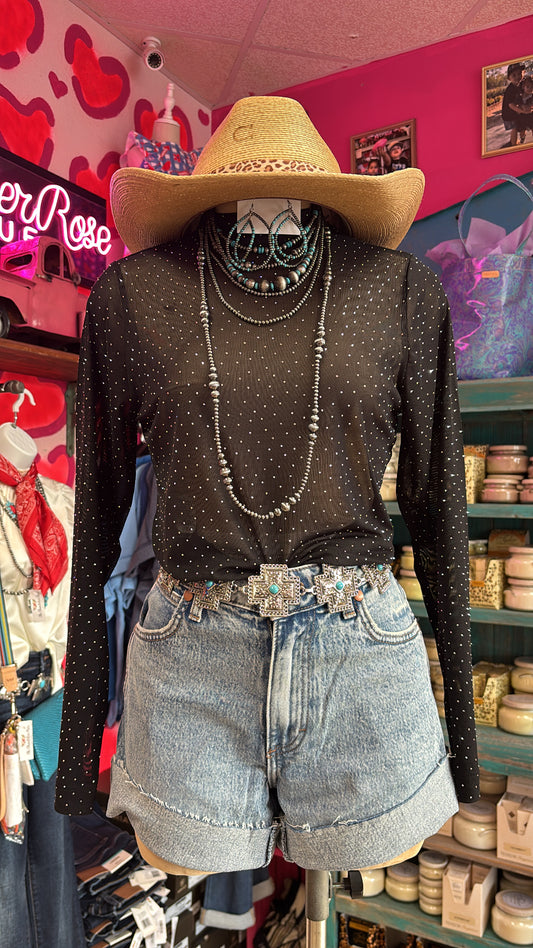 BLACK SHEER RHINESTONE MESH LONG SLEEVE TOP