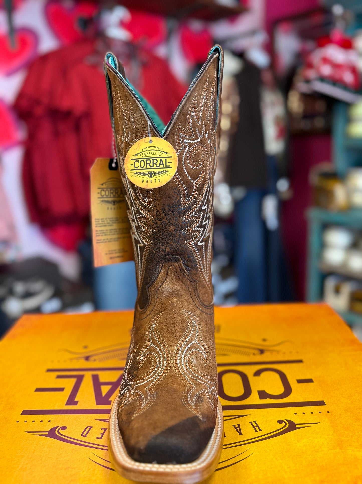 CORRAL WOMEN'S BROWN FLAMES EMBROIDERY SQUARE TOE WESTERN BOOT - Z5442