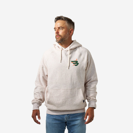 BURLEBO FLEECE HOODIE - DUCK FLYING B (GREEN) LOGO - HEATHER OATMEAL