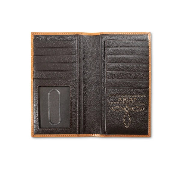 ARIAT MENS RODEO STYLE WALLET FLORAL ARIAT BANNER TAN