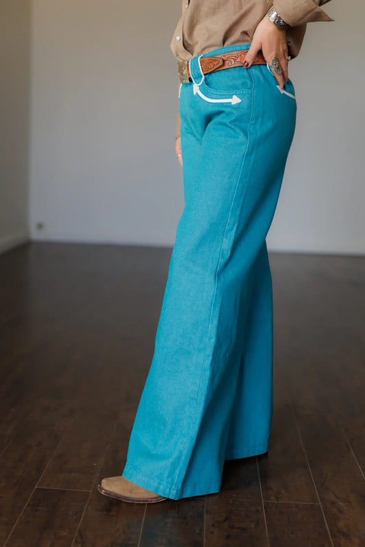 TURQUOISE SMILEY WIDE LEG DENIM JEANS