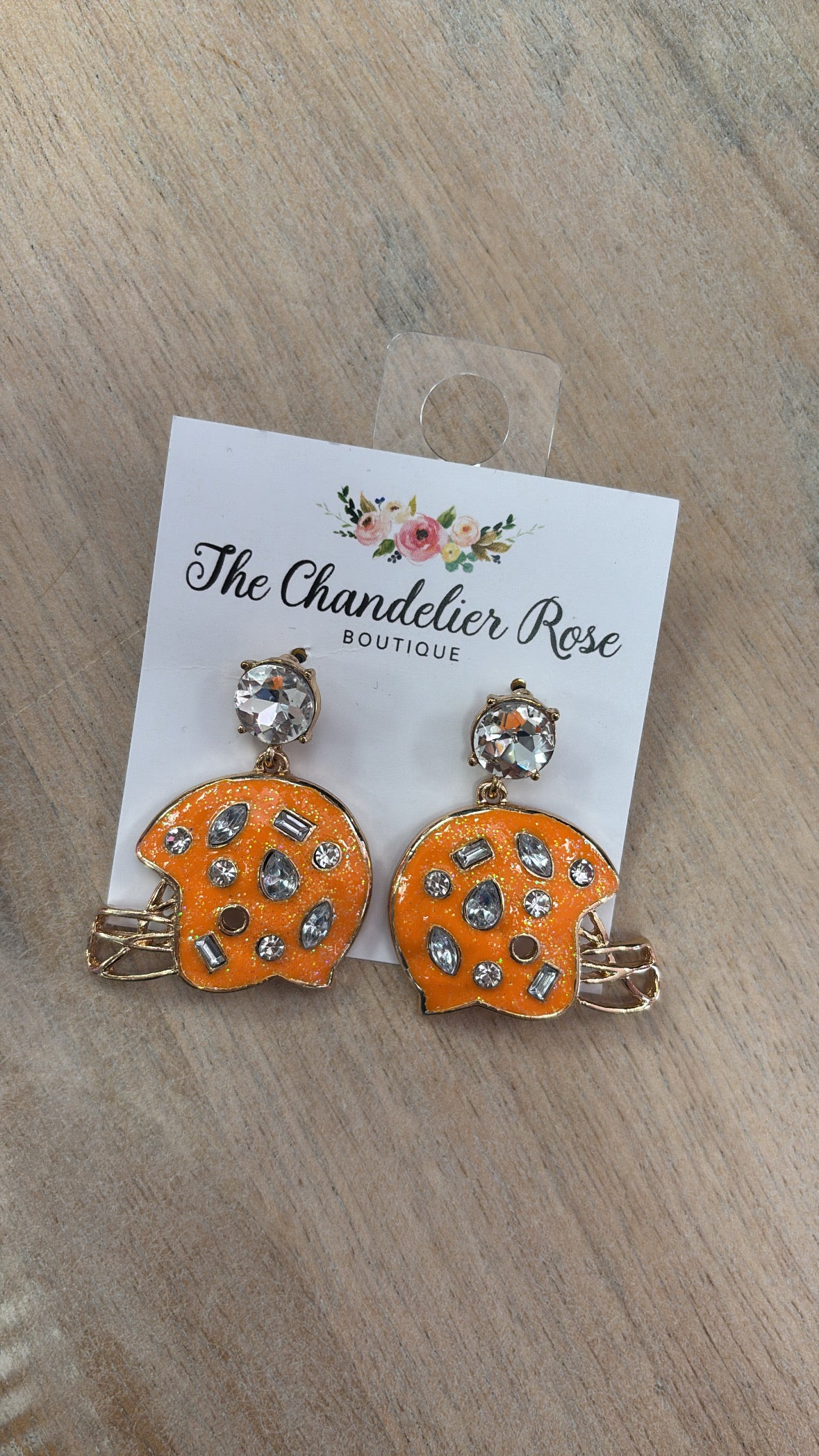 FOOTBALL HELMET CLEAR STONE STUD EARRINGS - Orange