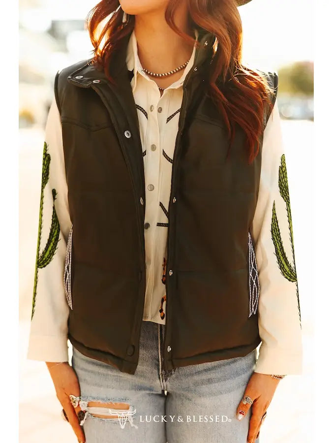QUILTED LEATHER BOOT STITCH CROP VEST - OLIVE
