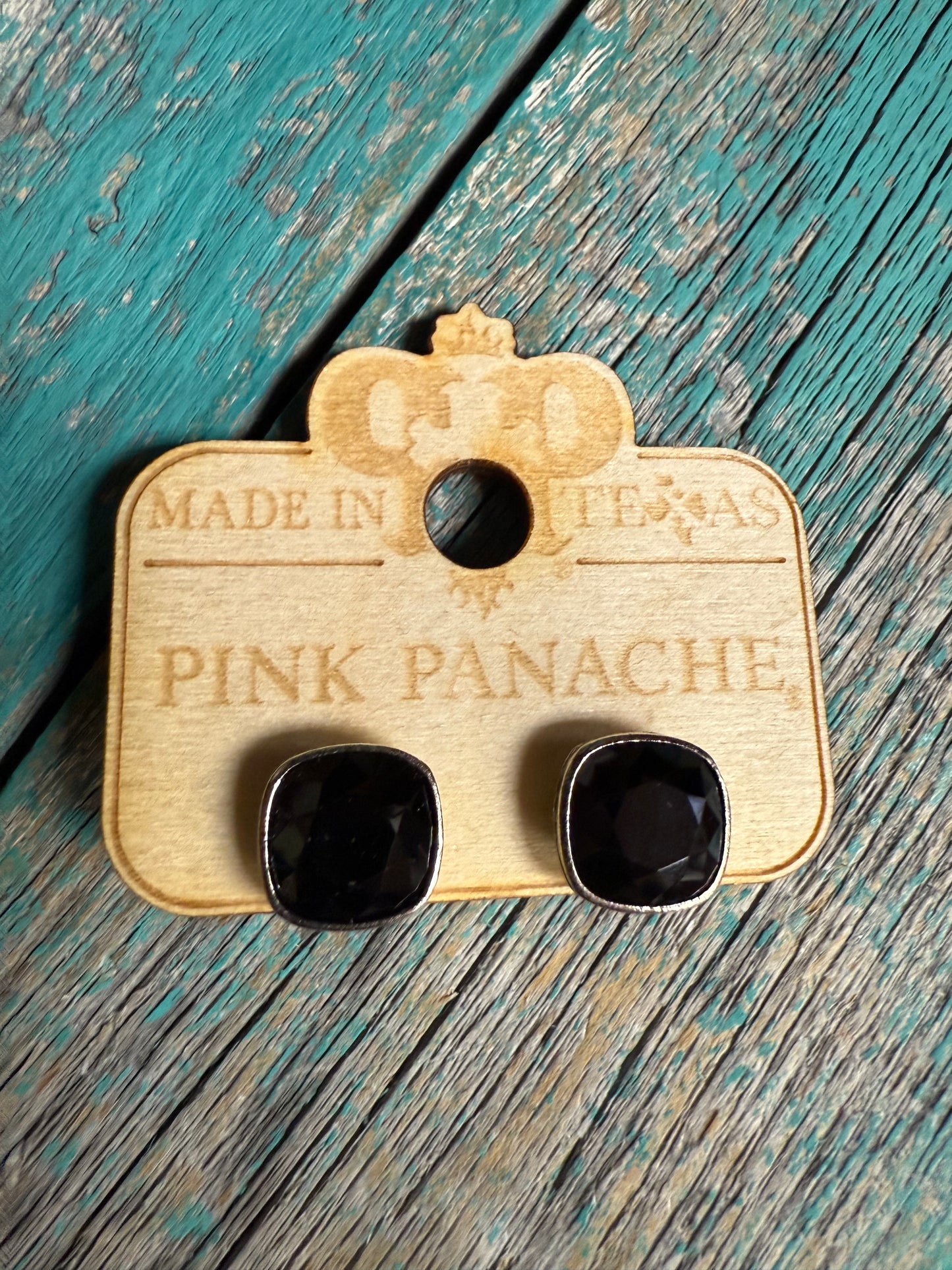 PINK PANACHE 10MM BLACK CUSHION SILVER STUDS - E509SBL
