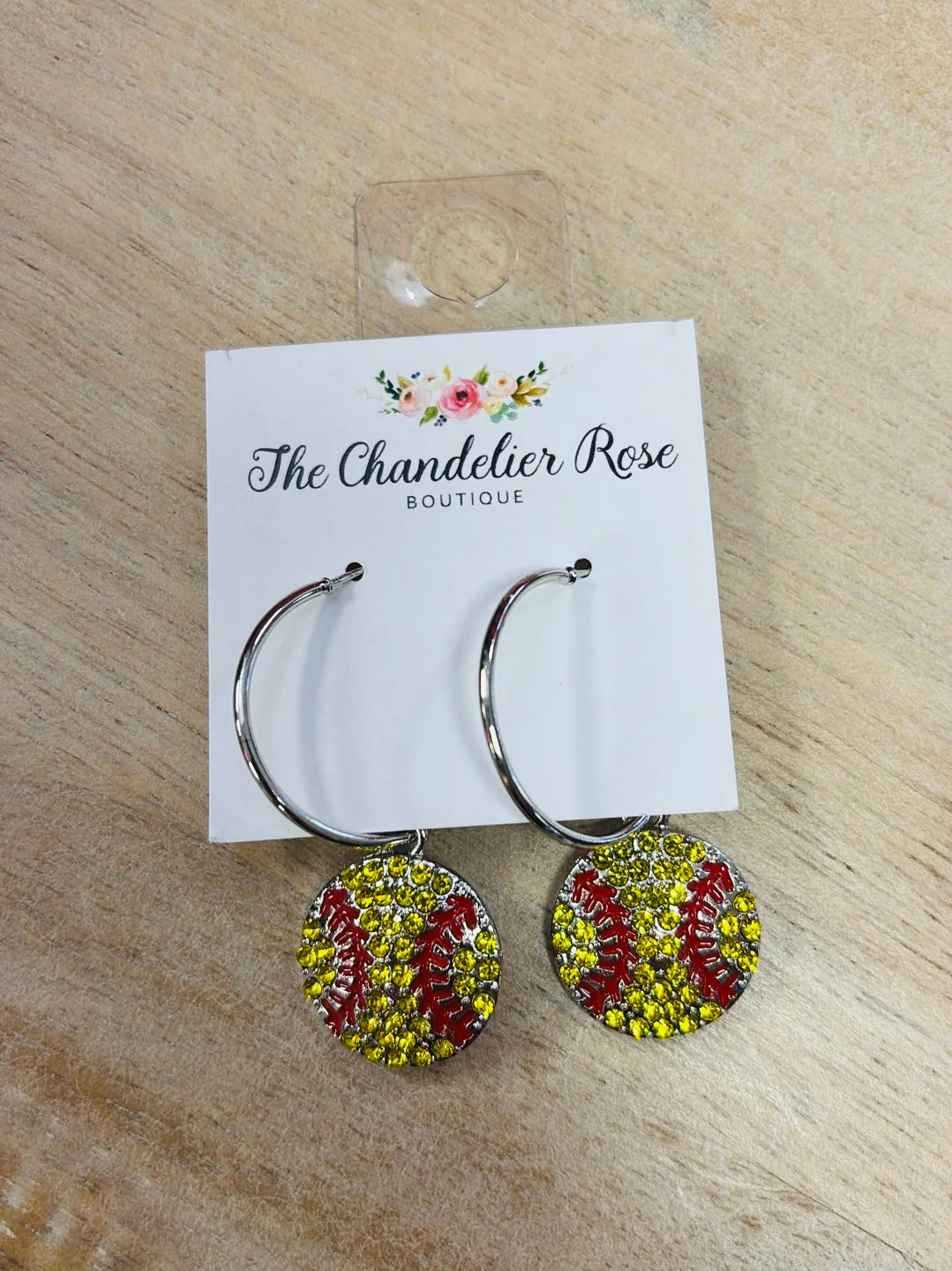 MINI SOFTBALL RHINESTONE HOOP EARRINGS