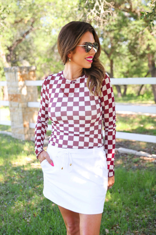 ALYSSA MESH TOP - MAROON CHECKERED
