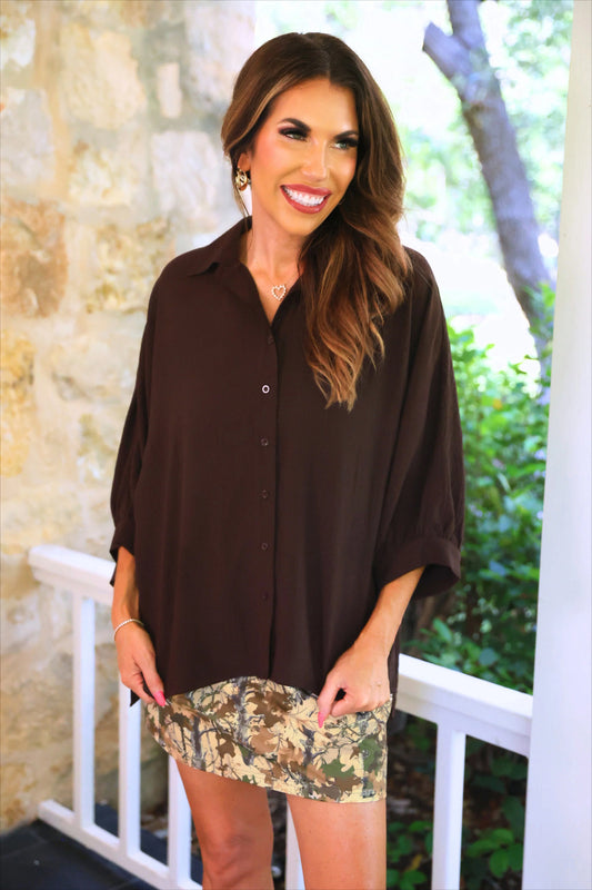 Sloane Button Up Top - CHOCOLATE