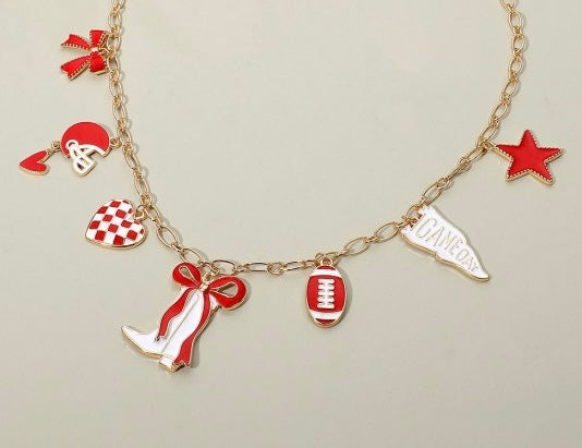 Game Day Bag Charm Boot Bow - Red and White