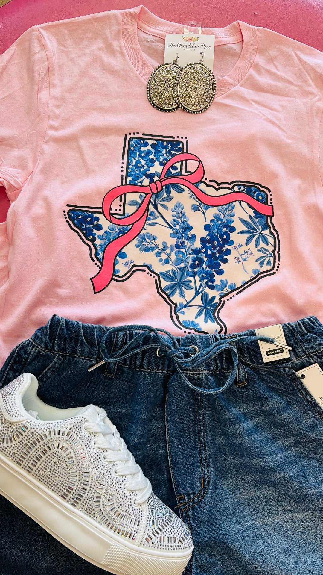 TEXAS PINK BOW BLUEBONNET TEE - PINK