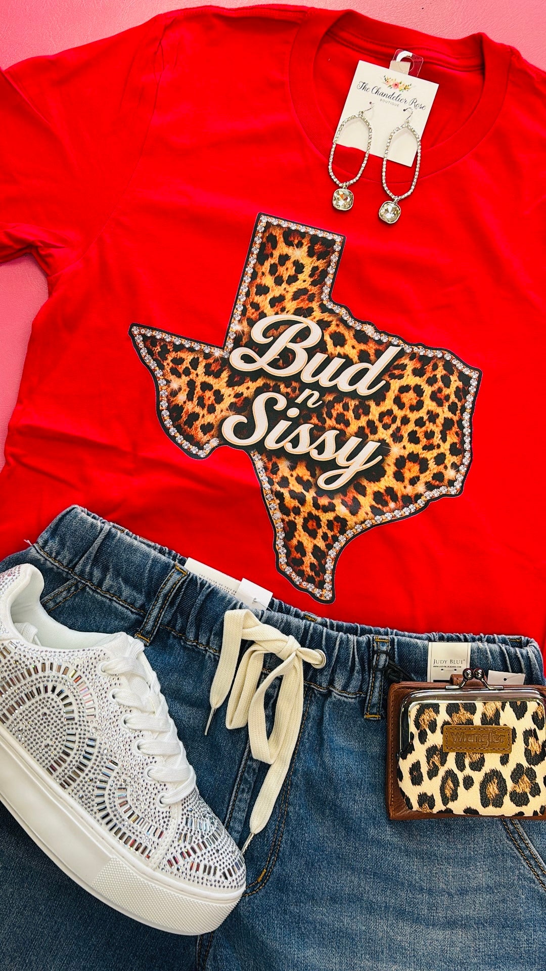 BUD N SISSY LEOPARD RHINESTONE TEXAS BORDER TEE - RED