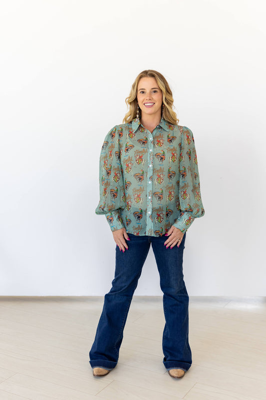 TEAL HOWDY WESTERN PRINT BUTTON UP BLOUSE