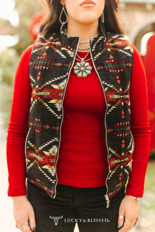 BLACK RED AZTEC QUILTED LINED ZIP-UP VEST