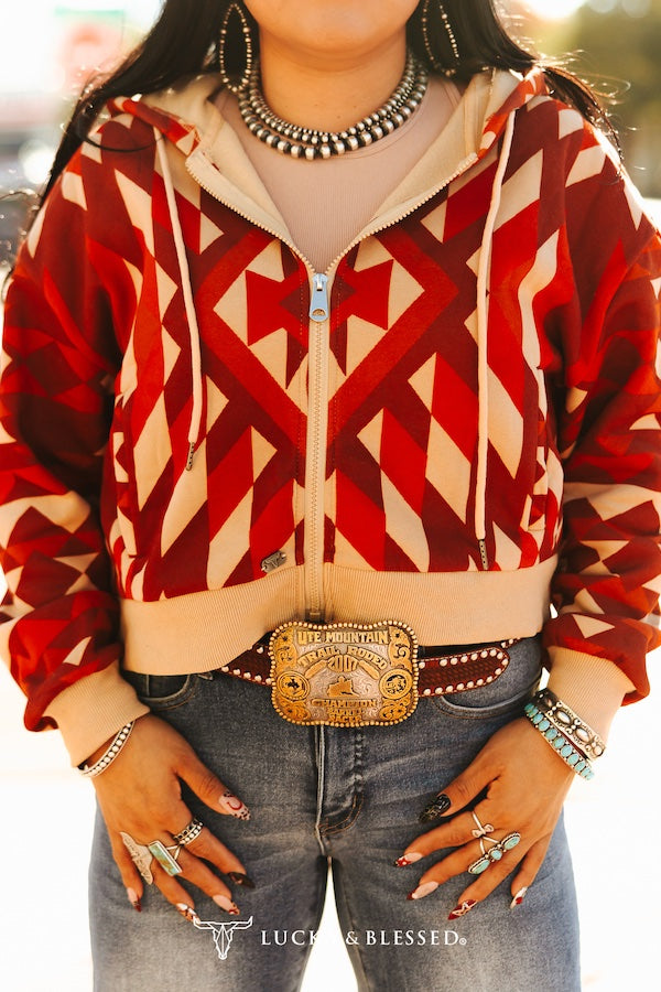 RUST AZTEC PRINTED ZIP UP CROP HOODIE