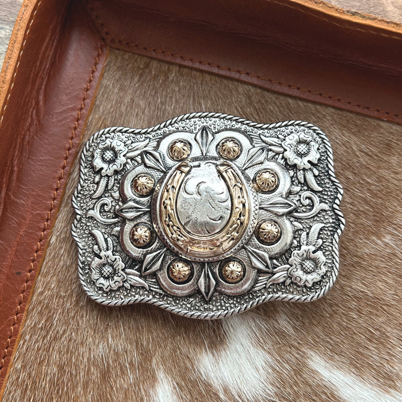 WESTERN FLORAL TOOLING HORSESHOE BELT BUCKLE