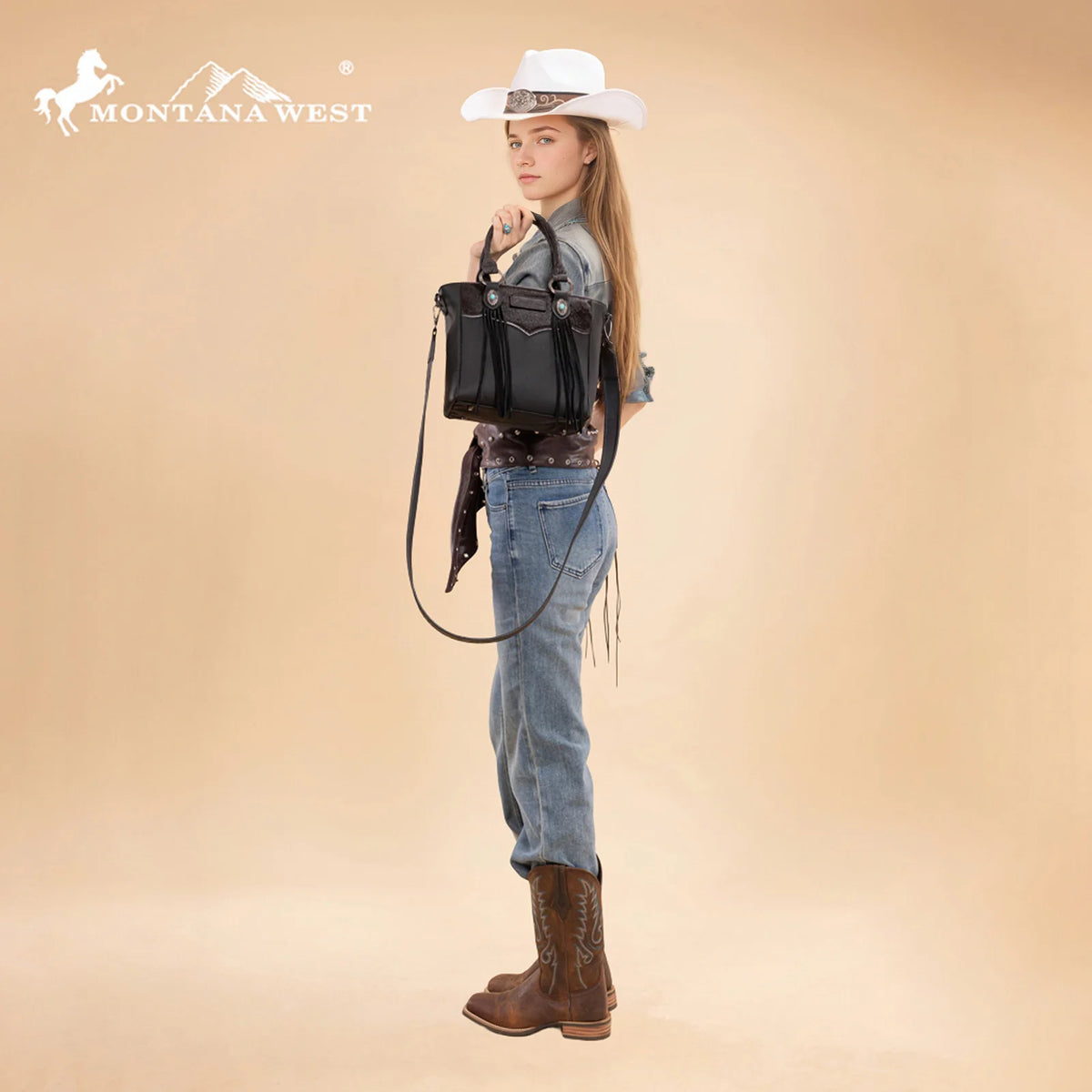 Montana West Hair-On Hide Concealed Carry Tote Bag with Tooled Strap - Black