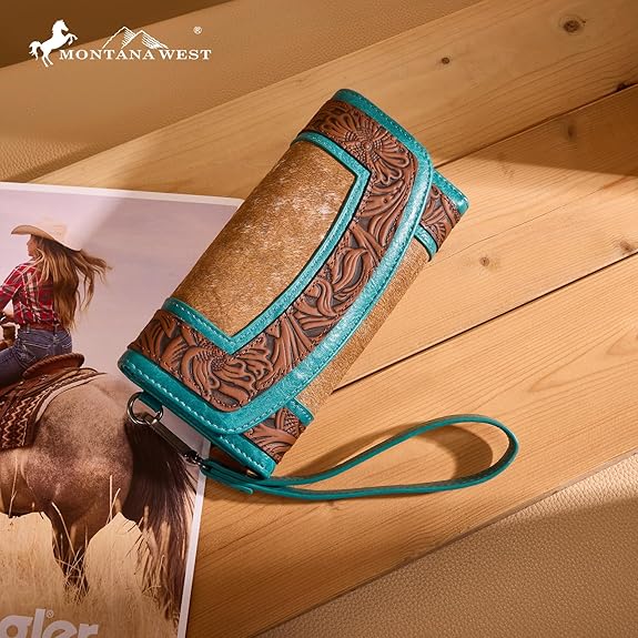 Montana West Hair-On Hide Tooled Wallet – Western Wristlet - Brown Turquoise