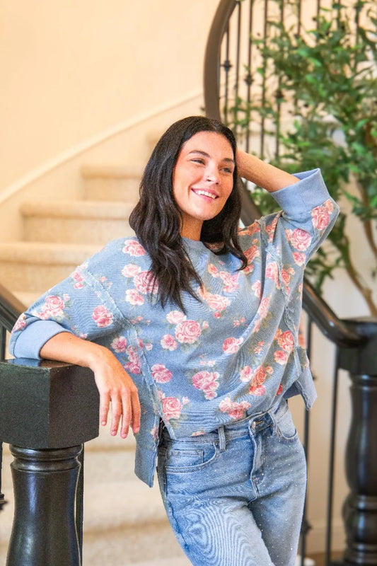 FLORAL PRINT DENIM SWEATER TOP
