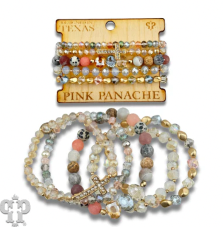 PINK PANACHE Faceted bead multi-strand bracelet stack, rhinestone cross - B185GPK