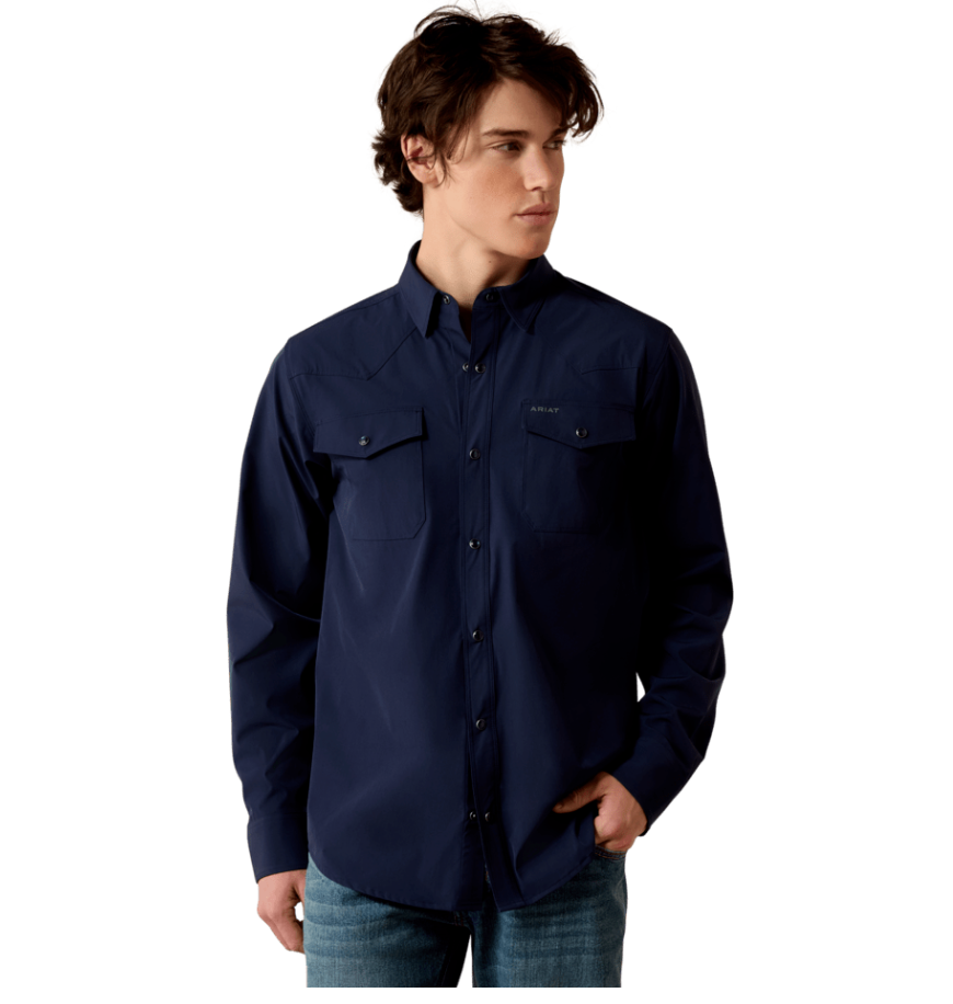 ARIAT MENS FRONTIERTOUGH VENTTEK WESTERN FITTED SNAP SHIRT - NAVY