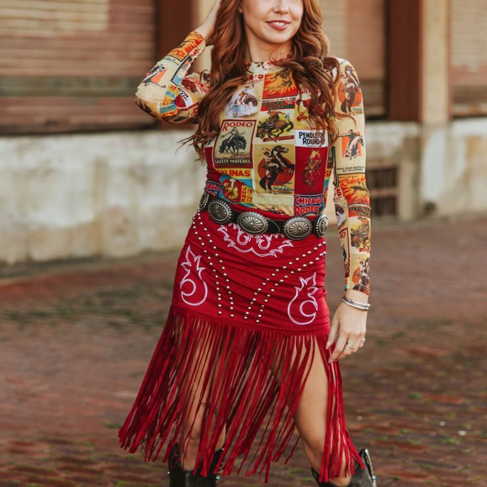 SUEDE BOOT STICH EMBROIDERED STUDDED FRINGE HEM STRETCH SKIRT - RED