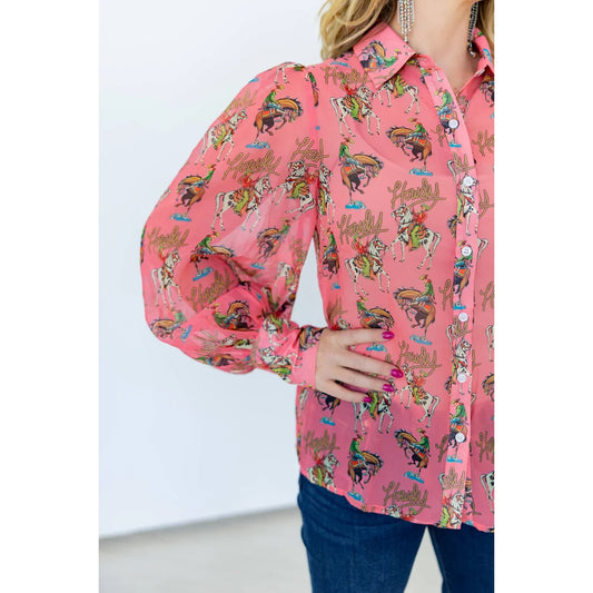 PINK HOWDY WESTERN PRINT BUTTON UP BLOUSE