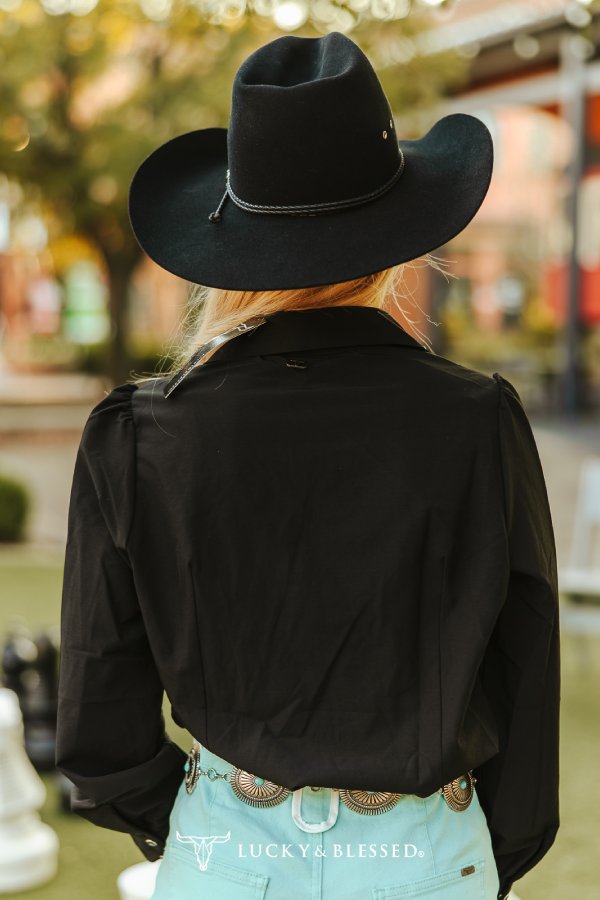 BLACK LONG SLEEVE BLOUSE W RHINESTONE COLLARED BUTTON DOWN SHIRT