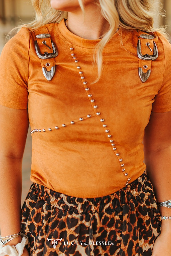 WESTERN BUCKLE CAMEL STRETCH STUDDED BODYSUIT