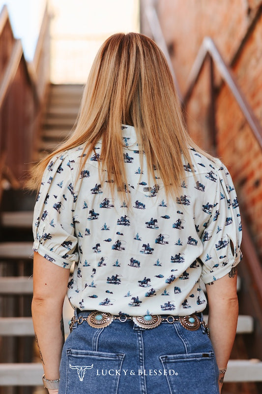CREAM TEAL COWBOY PRINTED BUTTON DOWN PUFF SHORT SLEEVE TOP