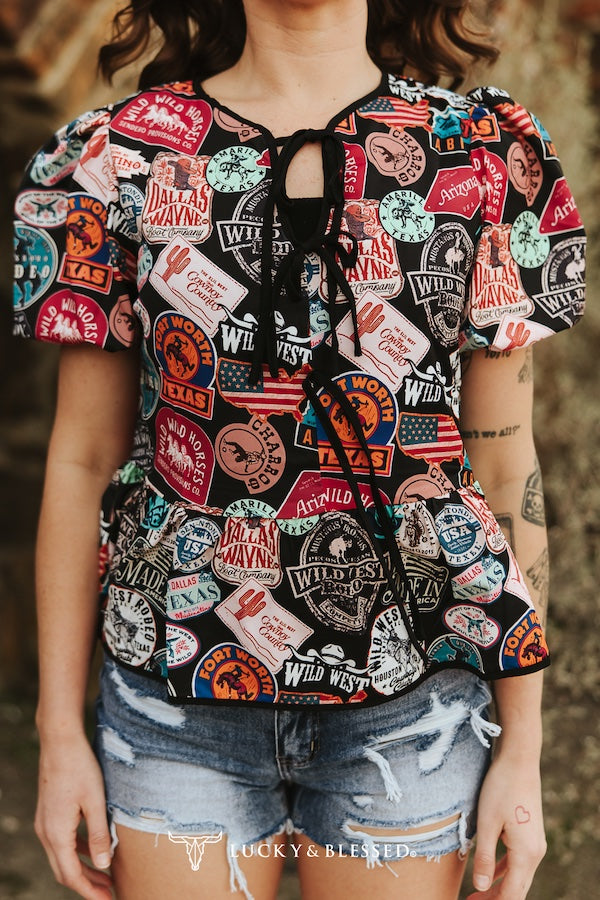 PATCH COLLAGE WESTERN PRINTED TIE FRONT PUFF SLEEVE BLOUSE