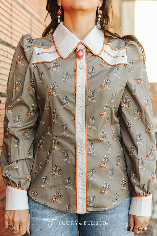 TAUPE BEIGE COWGIRL PRINTED PUFF SLEEVE BUTTON DOWN SHIRT