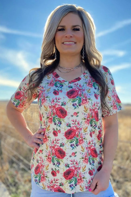 PORCELAIN PETALS V-NECK TOP