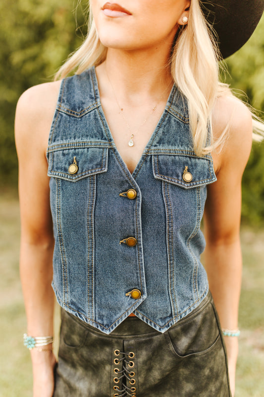 CLASSIC MID WASH BUTTON DOWN DENIM VEST