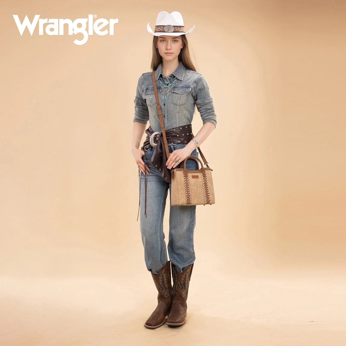 Wrangler Braided Whipstitch Top Handle Small Tote/Crossbody - Tan