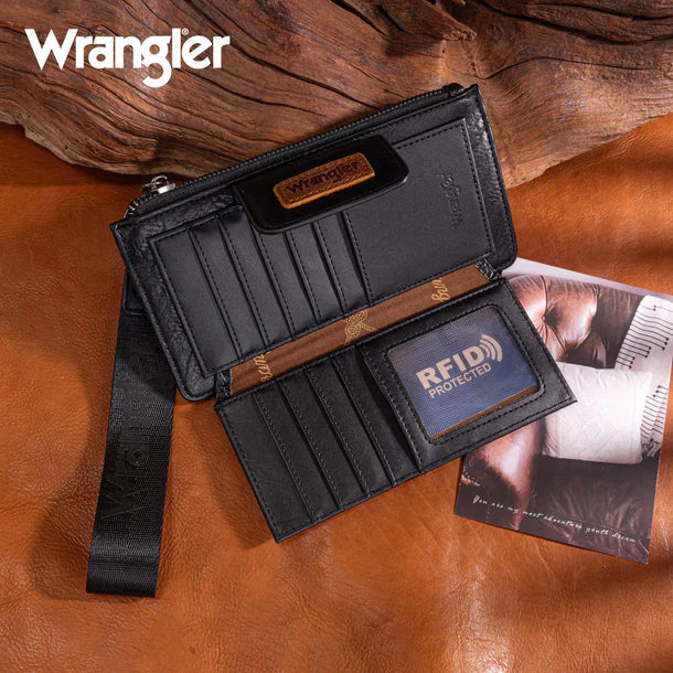 WRANGLER FLORAL TOOLED CARD WALLET WRISTLET - Black