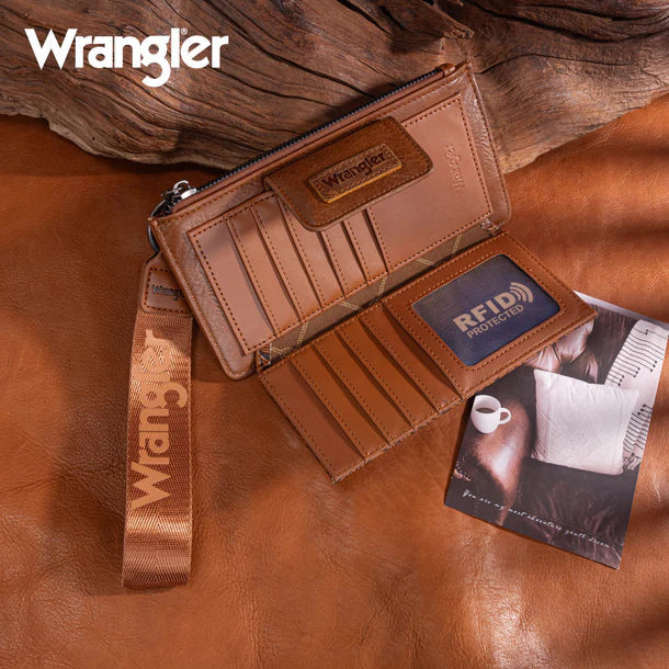 WRANGLER FLORAL TOOLED CARD WALLET WRISTLET - Brown
