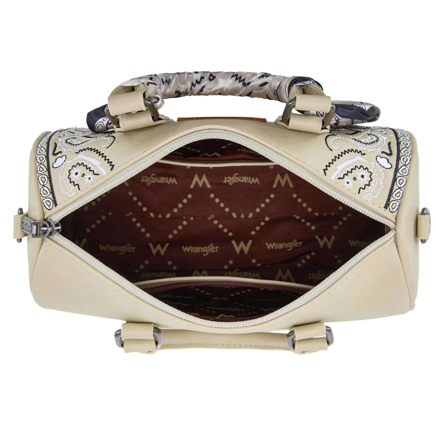 WRANGLER BANDANA PAISLEY PRINT BARREL CROSSBODY BAG - TAN