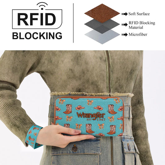 Wrangler Western Print RFID Blocking Zippered Cowgirl Wallet - Turquoise