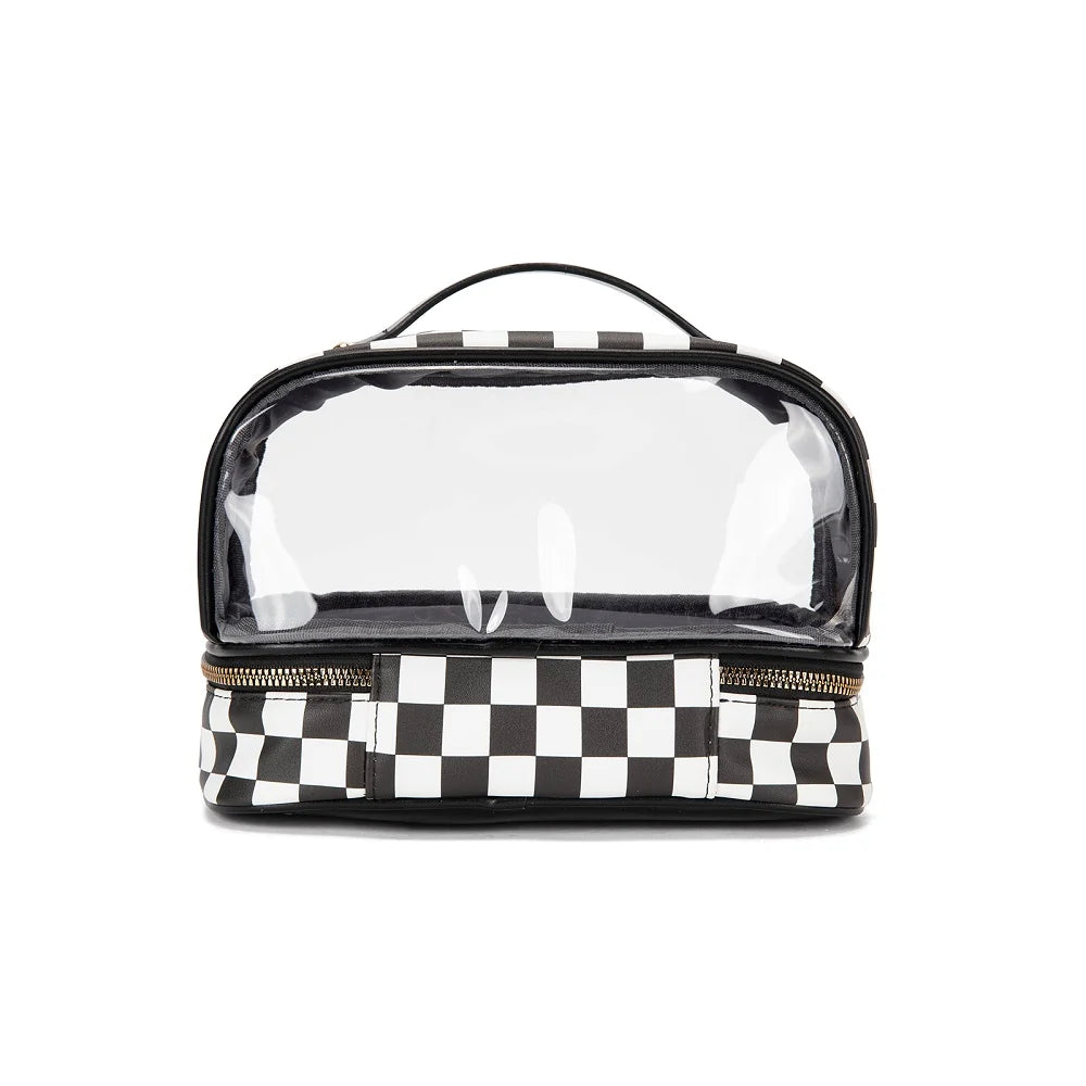 Wrangler Clear Top Double-Zip Cosmetic Pouch with Handle - Black and White Checkered