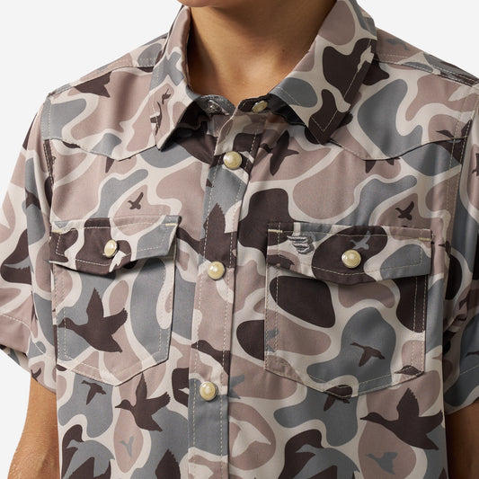 BURLEBO YOUTH PERFORMANCE WESTERN SHIRT - MALLARD MAYHEM CAMO