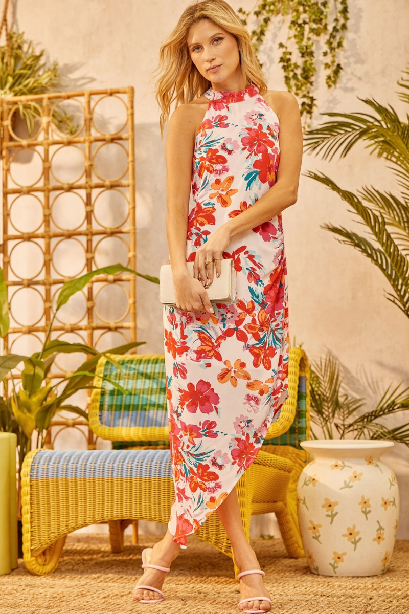 FLORAL PRINT HALTER DRESS - RED MULTI COLOR  The Chandelier Rose Boutique